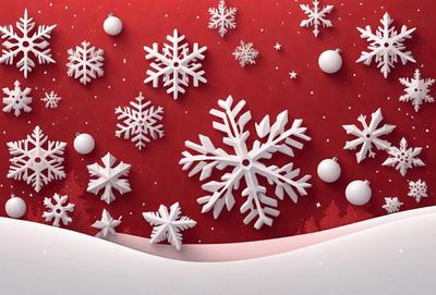 The primary subject of the image is a snowy scene with a red background. The setting includes a variety of snowflakes scattered throughout the scene, creating a visually appealing and festive atmosphere. The visual style of the image is a combination of digital art and illustration, with the snowflakes appearing as 3D objects. The colors and mood of the image are predominantly white and red, giving it a warm and cozy feel.